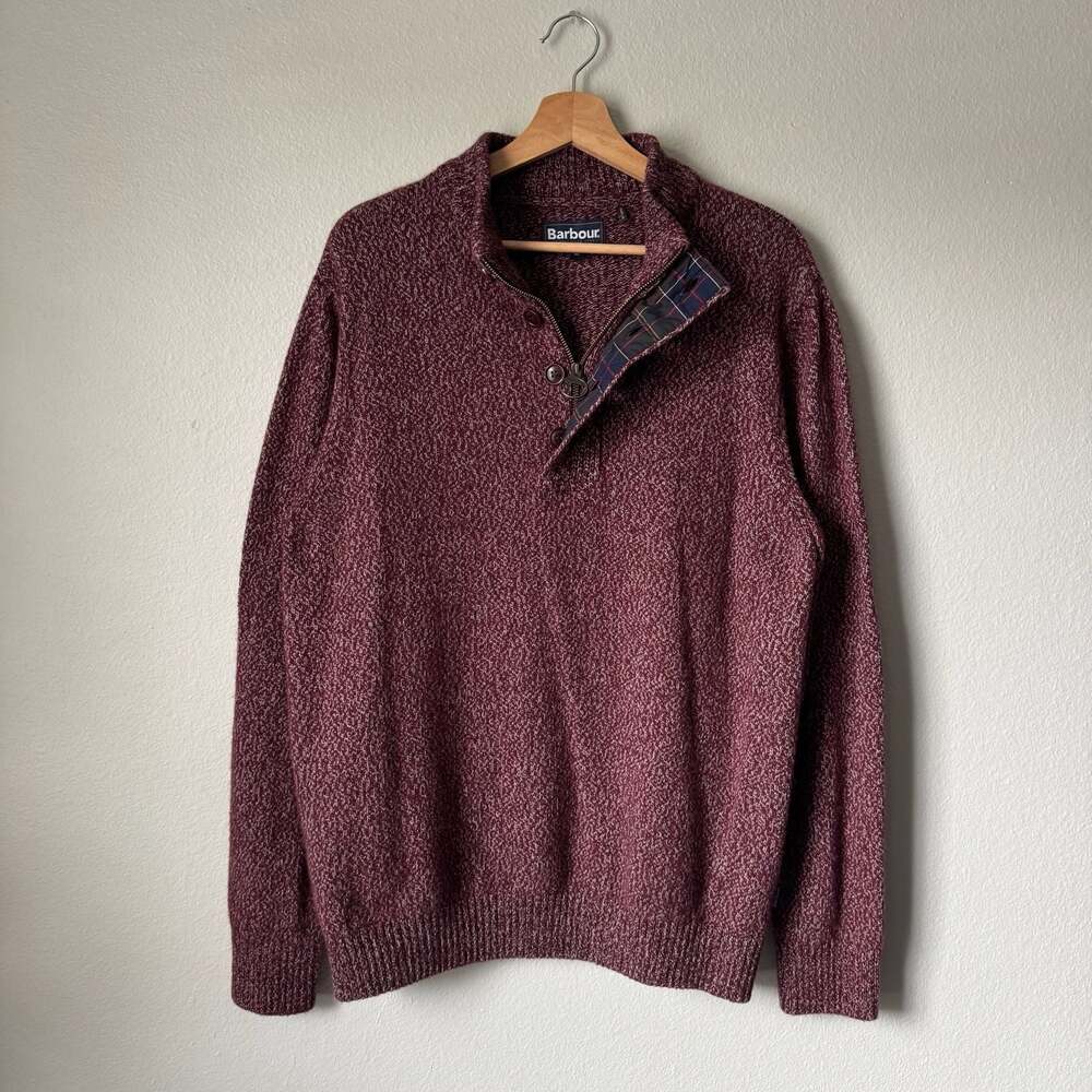Barbour Sid Button Quarter Zip Wool Blend Sweater Marled Burgundy XL
